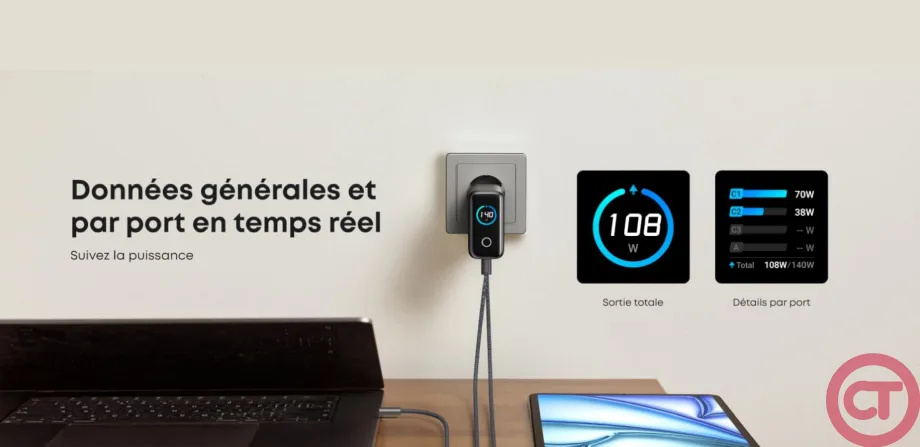 Chargeur Anker (140-W,-4-ports,-PD-3.1) avec câble USB-C Chargeur Anker (140-W,-4-ports,-PD-3.1) avec câble USB-C