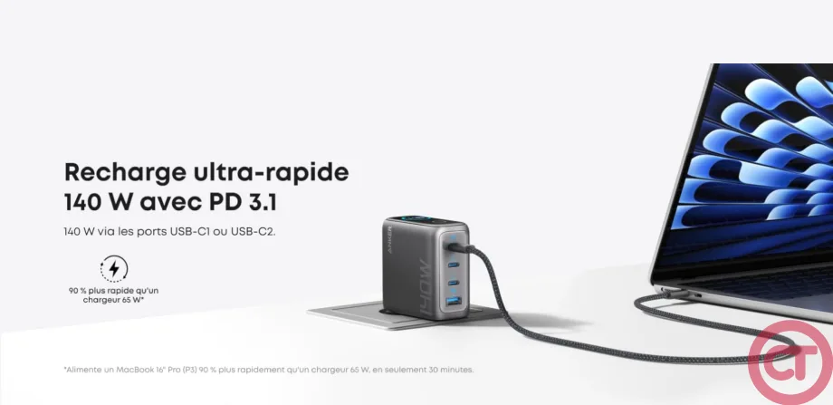 Chargeur Anker (140-W,-4-ports,-PD-3.1) avec câble USB-C Chargeur Anker (140-W,-4-ports,-PD-3.1) avec câble USB-C