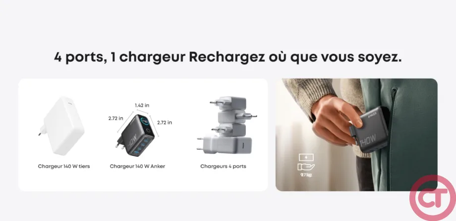 Chargeur Anker (140-W,-4-ports,-PD-3.1) avec câble USB-C Chargeur Anker (140-W,-4-ports,-PD-3.1) avec câble USB-C